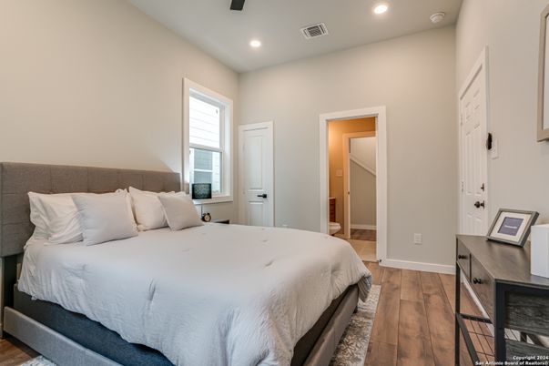 Bedroom, Interior, Recessed Lighting, Wood Texture Flooring