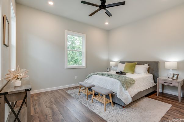 Bedroom, Interior, Recessed Lighting, Wood Texture Flooring