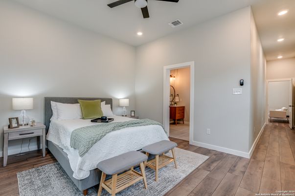 Bedroom, Interior, Recessed Lighting, Wood Texture Flooring
