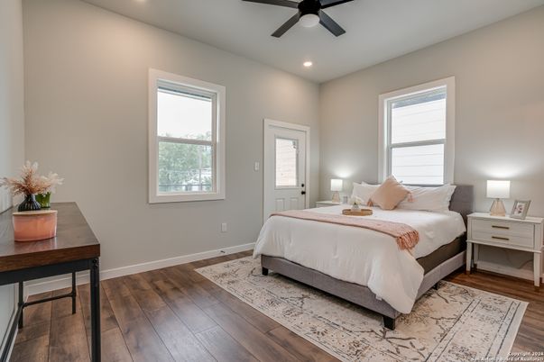 Bedroom, Interior, Recessed Lighting, Wood Texture Flooring
