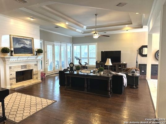 Fireplace, Interior, Living room, Recessed Lighting, Wood Texture Flooring