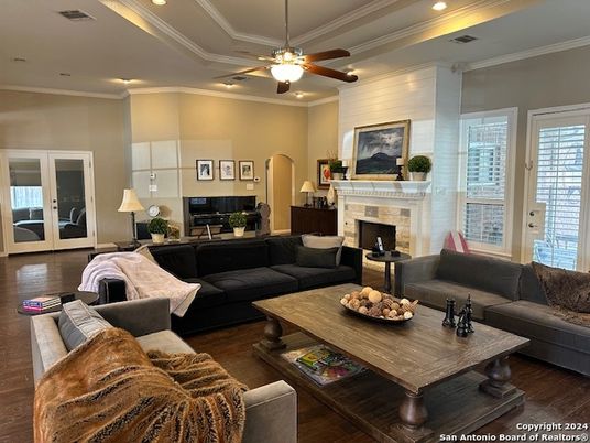 Fireplace, Interior, Living room, Recessed Lighting, Wood Texture Flooring