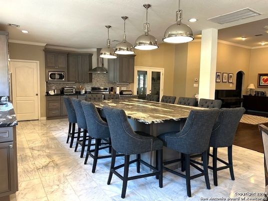 Interior, Kitchen, Marble, Pendant Lights, Recessed Lighting, Stainless Steel Appliances