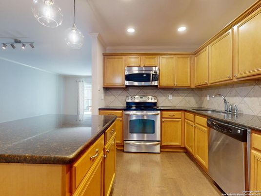 Interior, Kitchen, Pendant Lights, Recessed Lighting, Stainless Steel Appliances, Wood Texture Flooring