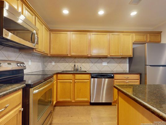 Interior, Kitchen, Recessed Lighting, Stainless Steel Appliances, Wood Texture Flooring