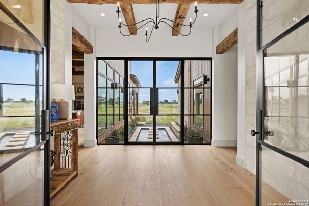 Chandelier, Interior, Recessed Lighting, Wooden Beams, Wood Texture Flooring