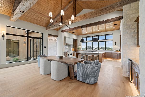 Dining room, Interior, Kitchen, Pendant Lights, Stone Walls, Wooden Beams, Wooden Ceilings, Wood Texture Flooring