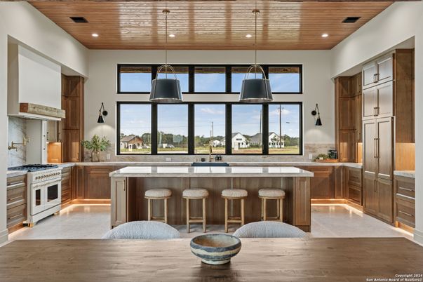 Interior, Kitchen, Pendant Lights, Recessed Lighting, Stainless Steel Appliances, Wooden Ceilings, Wood Texture Flooring