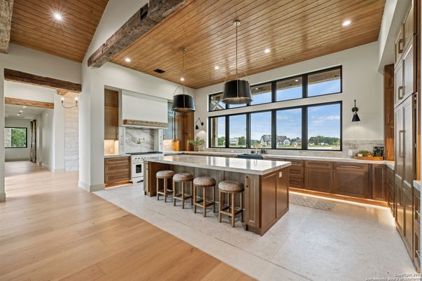 Interior, Kitchen, Pendant Lights, Recessed Lighting, Stainless Steel Appliances, Wooden Beams, Wooden Ceilings, Wood Texture Flooring