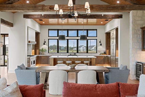 Dining room, Fireplace, Interior, Kitchen, Living room, Pendant Lights, Recessed Lighting, Stone Walls, Wooden Beams, Wooden Ceilings, Wood Texture Flooring