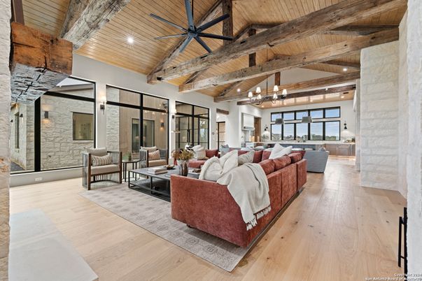 Interior, Living room, Pendant Lights, Recessed Lighting, Stone Walls, Wooden Beams, Wooden Ceilings, Wood Texture Flooring