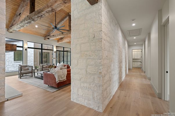 Bedroom, Interior, Living room, Recessed Lighting, Stone Walls, Wooden Beams, Wooden Ceilings, Wood Texture Flooring