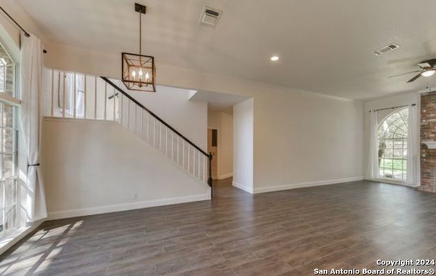 Empty room, Interior, Pendant Lights, Recessed Lighting, Wood Texture Flooring