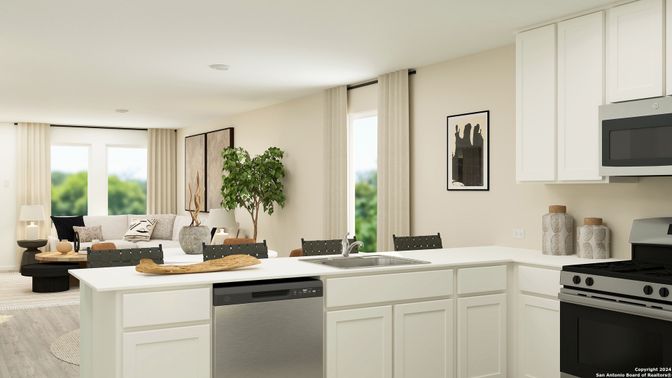 Dining room, Interior, Kitchen, Living room, Recessed Lighting, Stainless Steel Appliances, Wood Texture Flooring