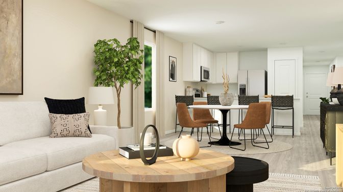 Dining room, Interior, Kitchen, Living room, Recessed Lighting, Wood Texture Flooring
