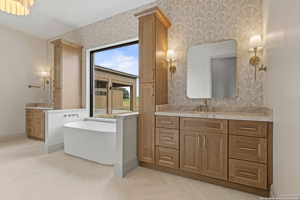 Bathroom, Dual Sink Vanities, Free Standing Baths, Interior, Wood Texture Flooring