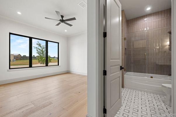 Bathroom, Glass Shower, Interior, Recessed Lighting, Wood Texture Flooring