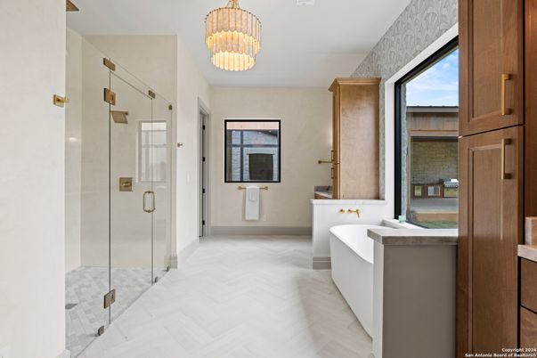 Bathroom, Chandelier, Free Standing Baths, Glass Shower, Interior, Wood Texture Flooring