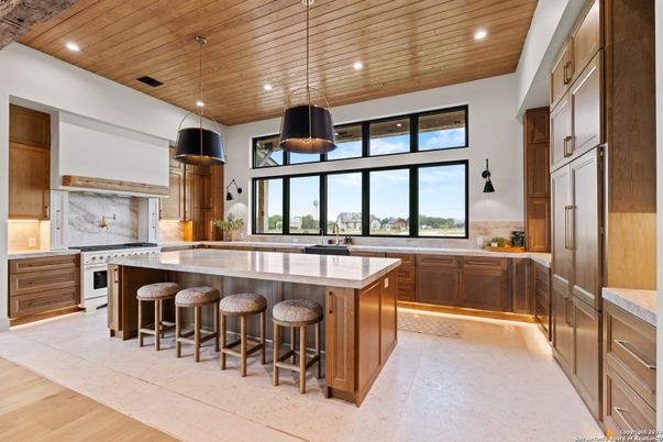 Interior, Kitchen, Pendant Lights, Recessed Lighting, Stainless Steel Appliances, Wooden Ceilings, Wood Texture Flooring