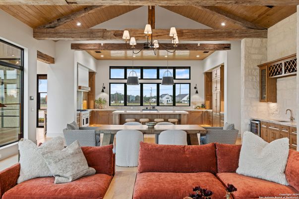 Interior, Kitchen, Living room, Pendant Lights, Recessed Lighting, Stainless Steel Appliances, Stone Walls, Wooden Beams, Wooden Ceilings