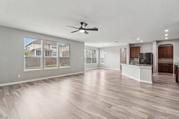 Chandelier, Empty room, Interior, Kitchen, Pendant Lights, Recessed Lighting, Wood Texture Flooring