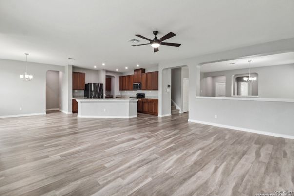 Chandelier, Empty room, Interior, Kitchen, Pendant Lights, Recessed Lighting, Wood Texture Flooring