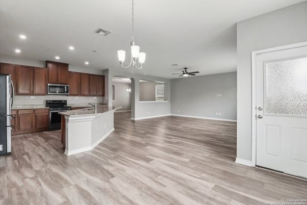 Interior, Kitchen, Pendant Lights, Recessed Lighting, Stainless Steel Appliances, Wood Texture Flooring