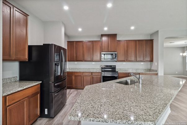Chandelier, Interior, Kitchen, Recessed Lighting, Wood Texture Flooring