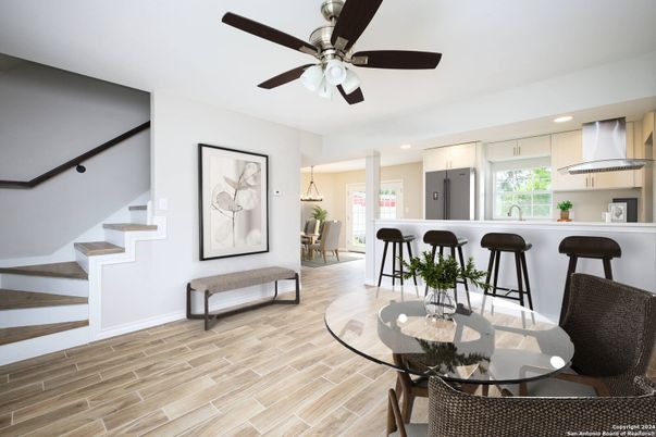 Dining room, Interior, Kitchen, Pendant Lights, Recessed Lighting, Wood Texture Flooring