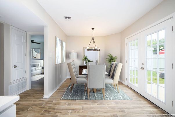 Dining room, Interior, Pendant Lights, Wood Texture Flooring