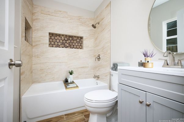 Bathroom, Interior, Marble Walls, Wood Texture Flooring
