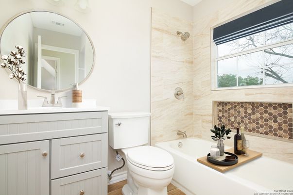 Bathroom, Interior, Marble Walls, Wood Texture Flooring