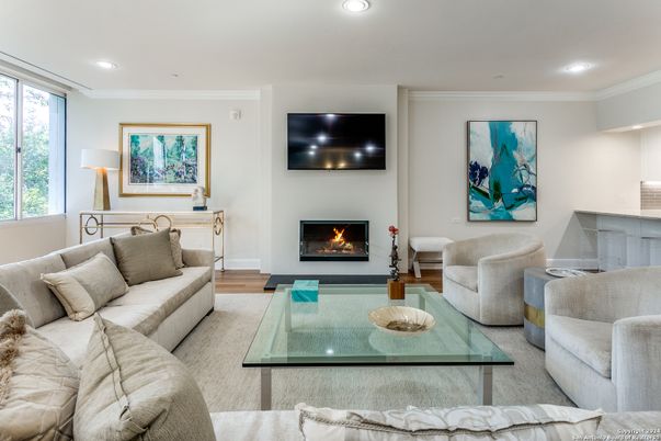 Fireplace, Interior, Living room, Recessed Lighting, Wood Texture Flooring