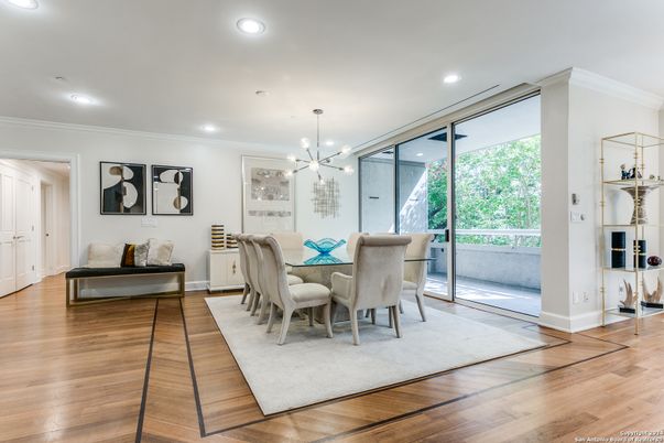 Dining room, Interior, Pendant Lights, Recessed Lighting, Wood Texture Flooring