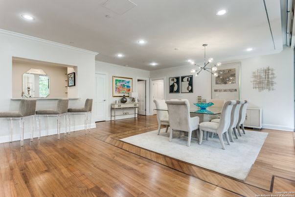Dining room, Interior, Pendant Lights, Recessed Lighting, Wood Texture Flooring