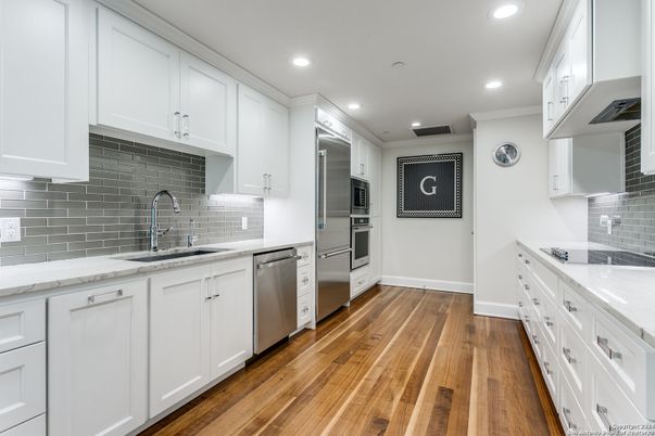 Interior, Kitchen, Recessed Lighting, Stainless Steel Appliances, Wood Texture Flooring