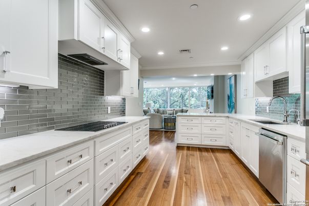 Interior, Kitchen, Living room, Recessed Lighting, Stainless Steel Appliances, Wood Texture Flooring