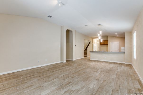 Empty room, Interior, Kitchen, Pendant Lights, Recessed Lighting, Wood Texture Flooring