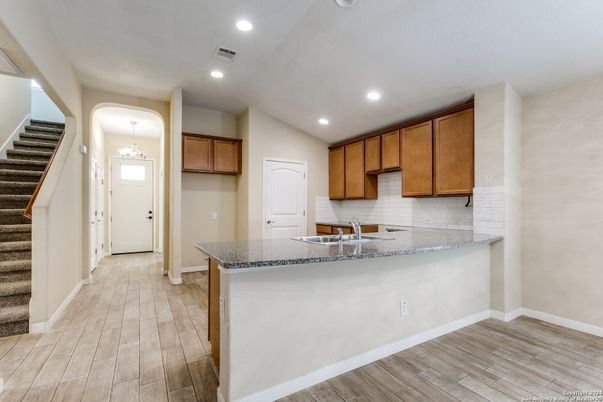 Chandelier, Interior, Kitchen, Pendant Lights, Recessed Lighting, Wood Texture Flooring