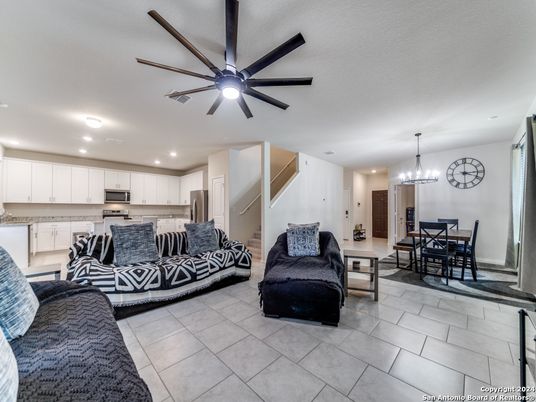 Chandelier, Dining room, Interior, Kitchen, Living room, Pendant Lights, Recessed Lighting, Stainless Steel Appliances