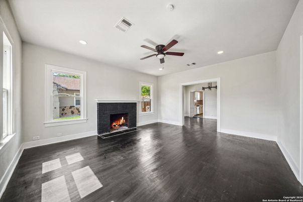 Empty room, Fireplace, Interior, Recessed Lighting, Wood Texture Flooring