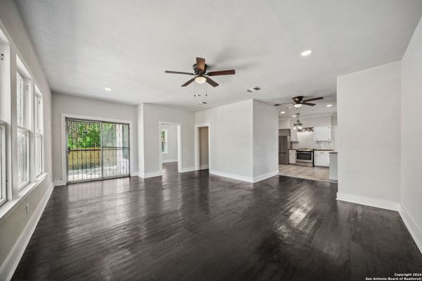 Empty room, Interior, Kitchen, Recessed Lighting, Wood Texture Flooring