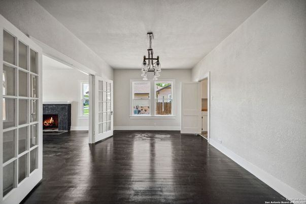 Empty room, Fireplace, Interior, Pendant Lights, Wood Texture Flooring