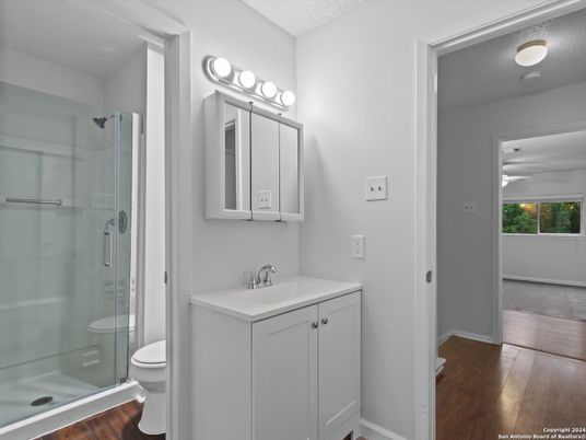 Bathroom, Glass Shower, Interior, Wood Texture Flooring