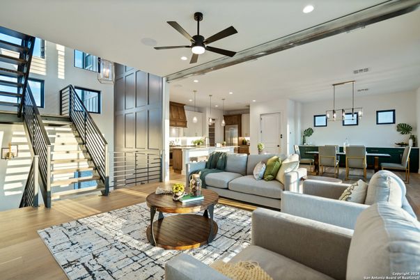 Dining room, Interior, Kitchen, Living room, Pendant Lights, Recessed Lighting, Wood Texture Flooring