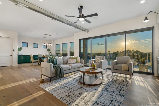 Dining room, Interior, Living room, Pendant Lights, Recessed Lighting, Wood Texture Flooring