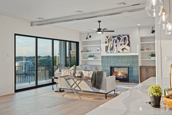 Fireplace, Interior, Living room, Recessed Lighting, Wood Texture Flooring