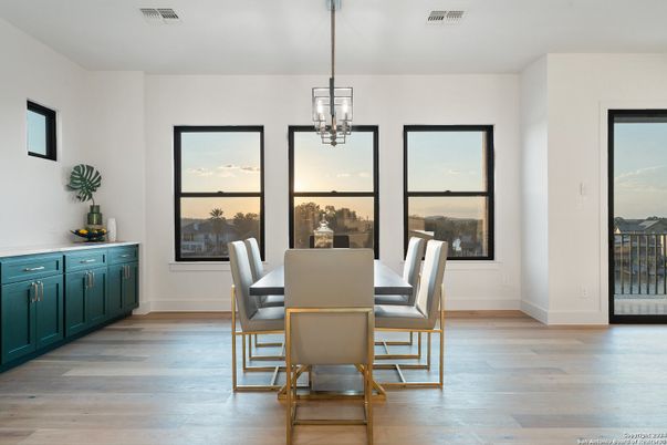 Dining room, Interior, Pendant Lights, Wood Texture Flooring