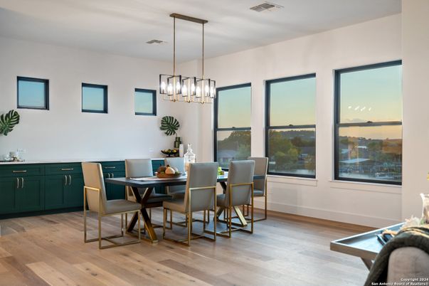 Dining room, Interior, Pendant Lights, Wood Texture Flooring