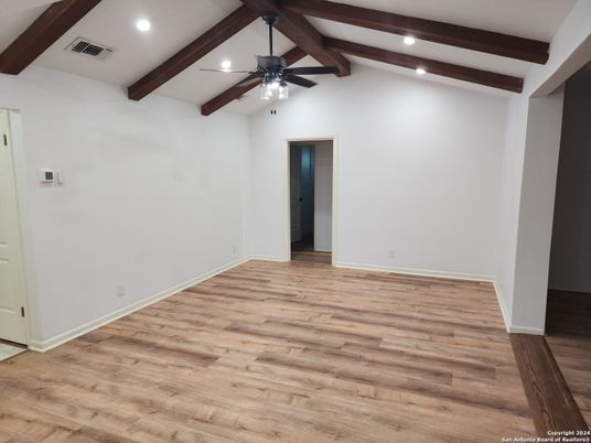 Empty room, Interior, Recessed Lighting, Wooden Beams, Wood Texture Flooring
